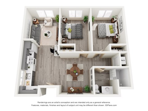 A 3D floor plan of a house with a kitchen, living room, and two bedrooms.